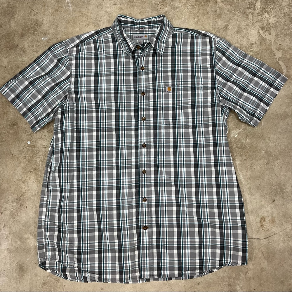 Carhartt Short Sleeve Button Down Relaxed Fit Shirt Gray Green Mens XL Tall GUC!
